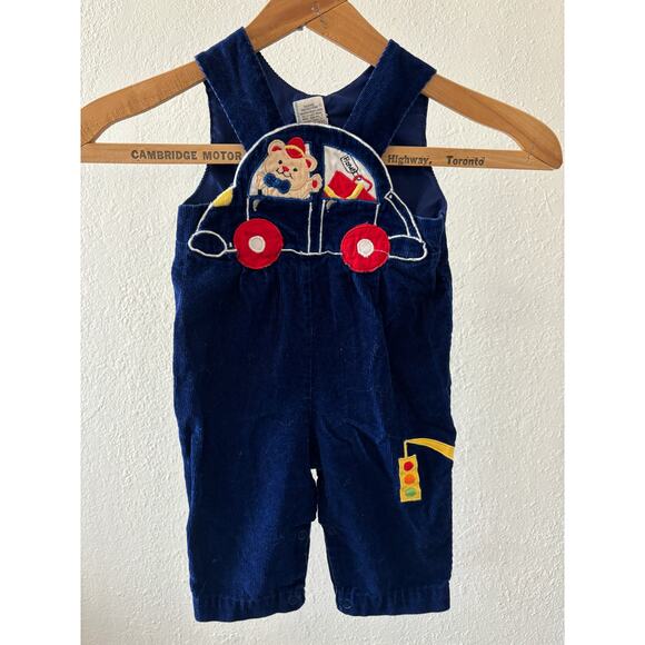 Vintage Corduroy Baby Overalls Size 6-9m RN 70466 blue car embroidery - Picture 1 of 3
